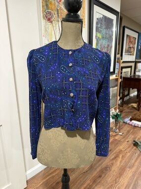 karin stevens Blue Paisley Cropped Button Jacket